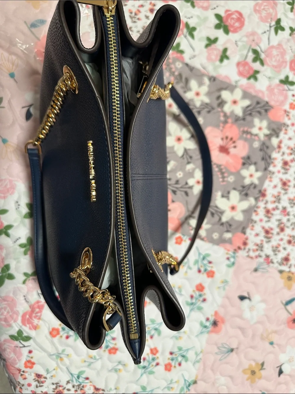 Michael Kors Navy Pebbled Leather Shoulder Tote with Gold Chain Straps